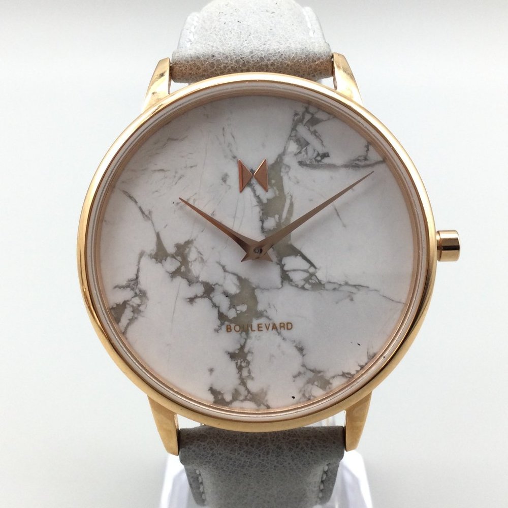 MVMT Rose Gold Marble Dial Watch with Gray Leather Strap